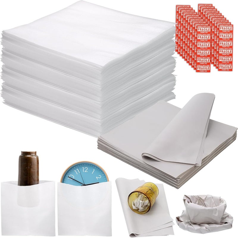 VIOBEPASS 130 Pcs Moving Supplies Set, 50 Pcs 14'' x 14'' Foam Pouches & 50 Sheets 12'' x 12'' Packing Paper & 30 Pcs Fragile Stickers, Packing Foam Pouches and Newsprint Paper for Protecting Dishes Cup China - Image 1